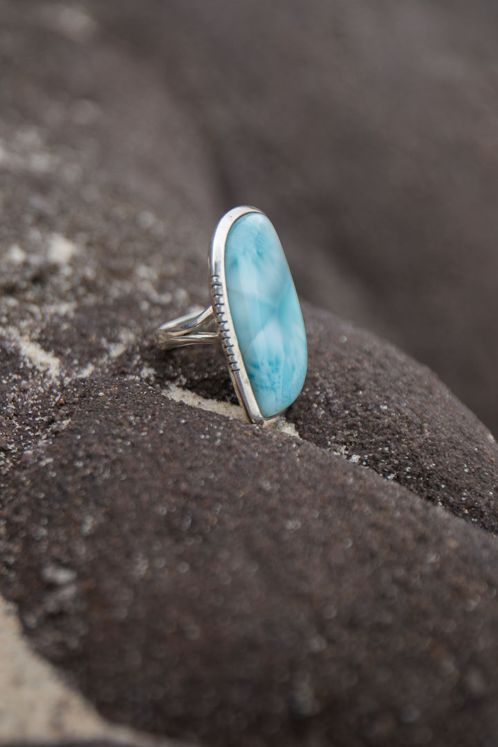 Larimar Ring in Unique Sterling Silver Setting - Size 5.5 US