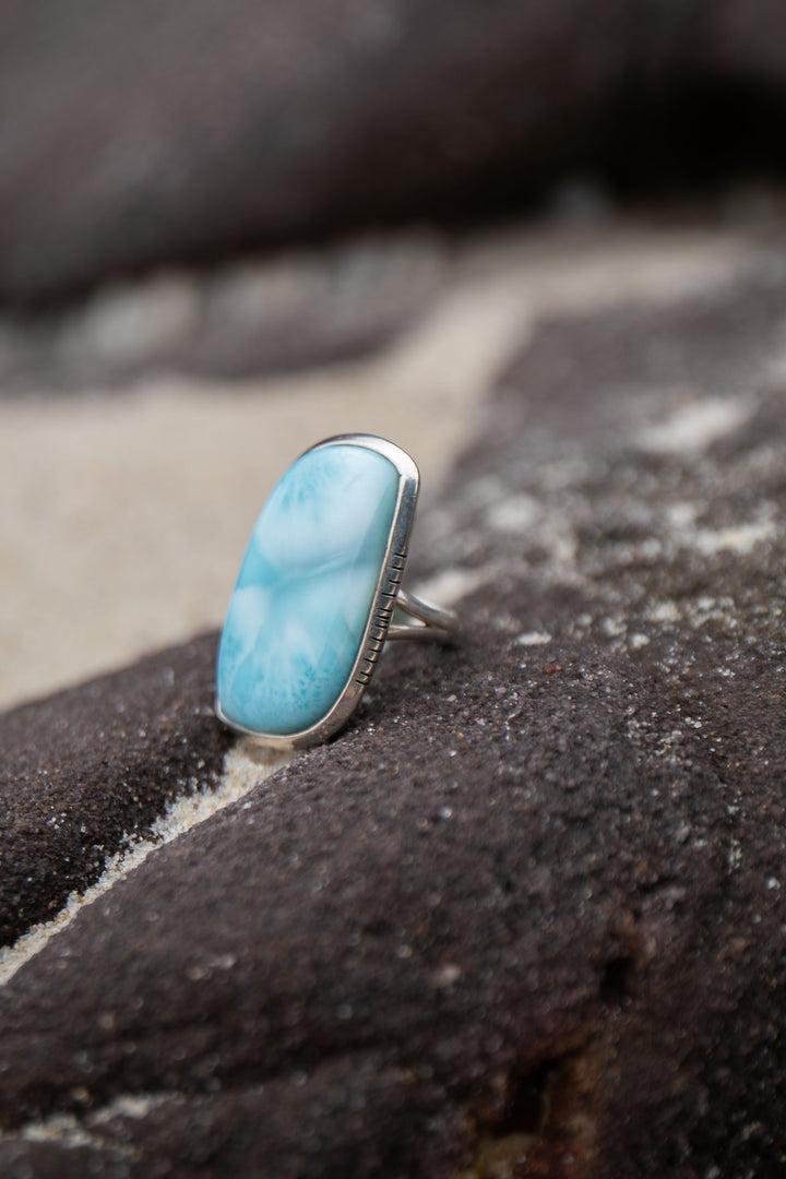 Larimar Ring in Unique Sterling Silver Setting - Size 5.5 US