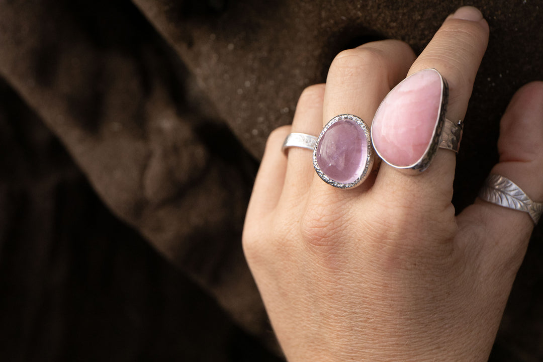 Pink Kunzite Ring with Thick Beaten Sterling Silver Bezel Setting - Size 10 US