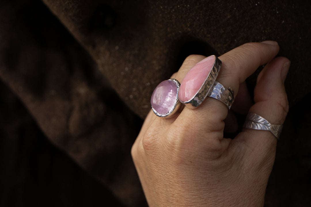 Pink Kunzite Ring with Thick Beaten Sterling Silver Bezel Setting - Size 10 US