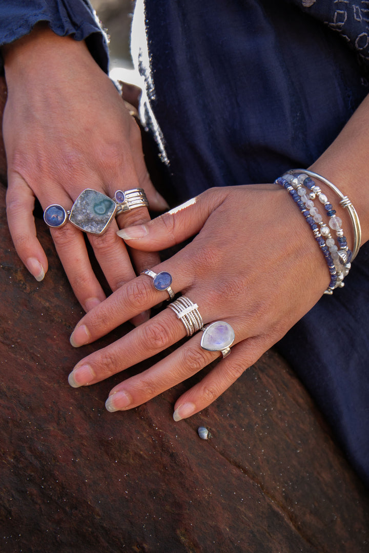 Tanzanite Ring in Beaten Sterling Silver Multi Band Setting - Size 7 US