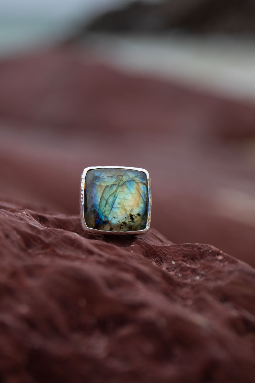 High Grade Labradorite Ring in Braided Sterling Silver Setting - Size 7.5 US