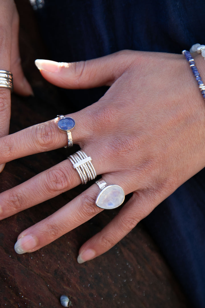 Tanzanite Ring in Beaten Sterling Silver Setting - Size 10 US