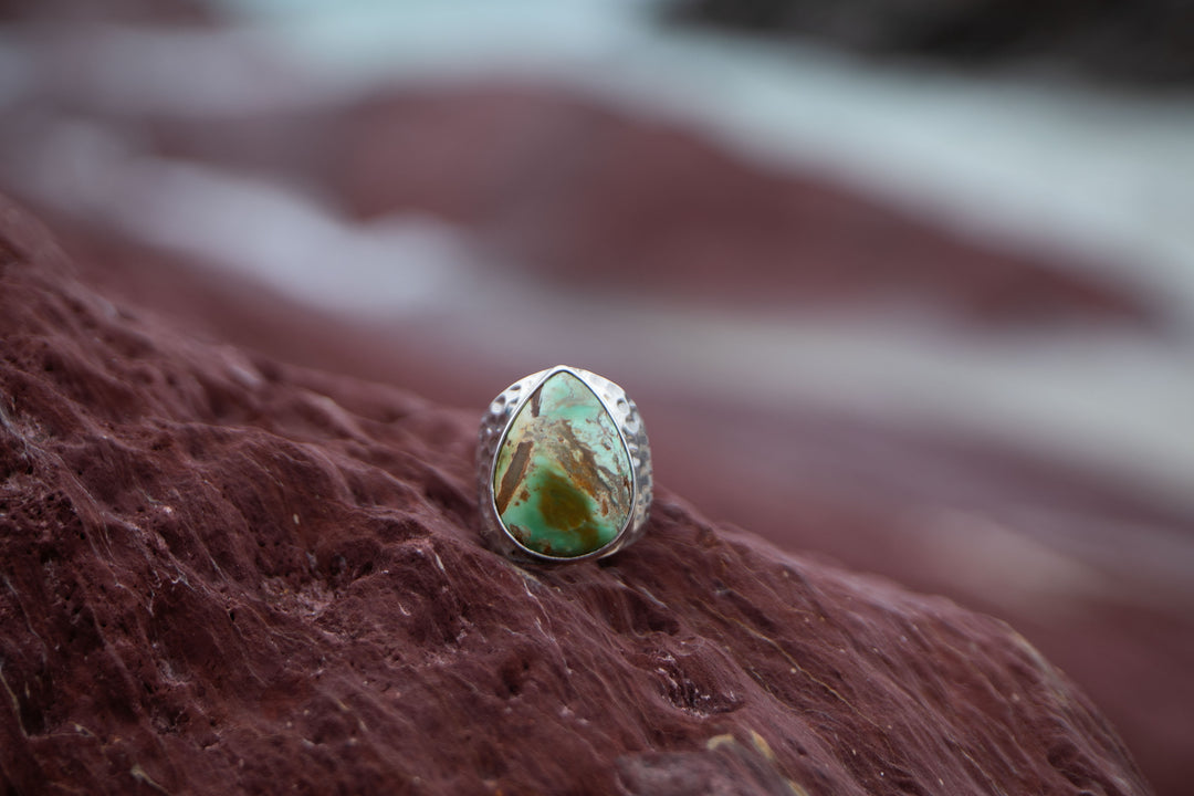 Variscite Teardrop Ring set in Beaten Bezel Sterling Silver - Size 6.5 US