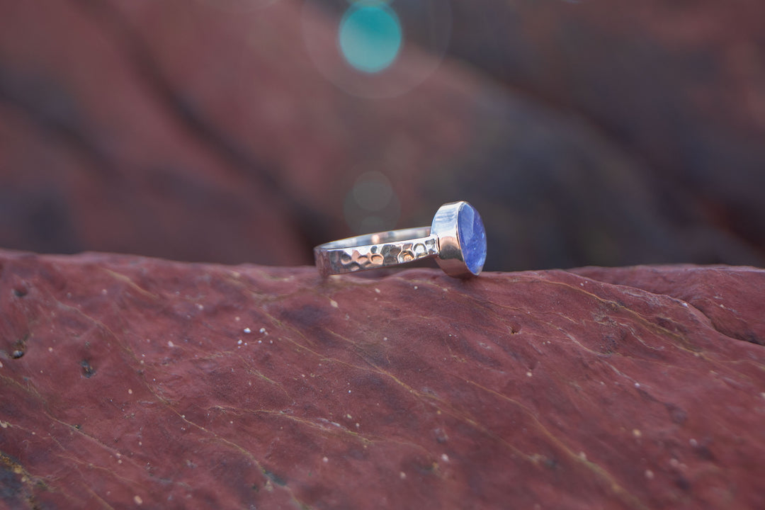 Tanzanite Ring in Beaten Sterling Silver Setting - Size 10 US