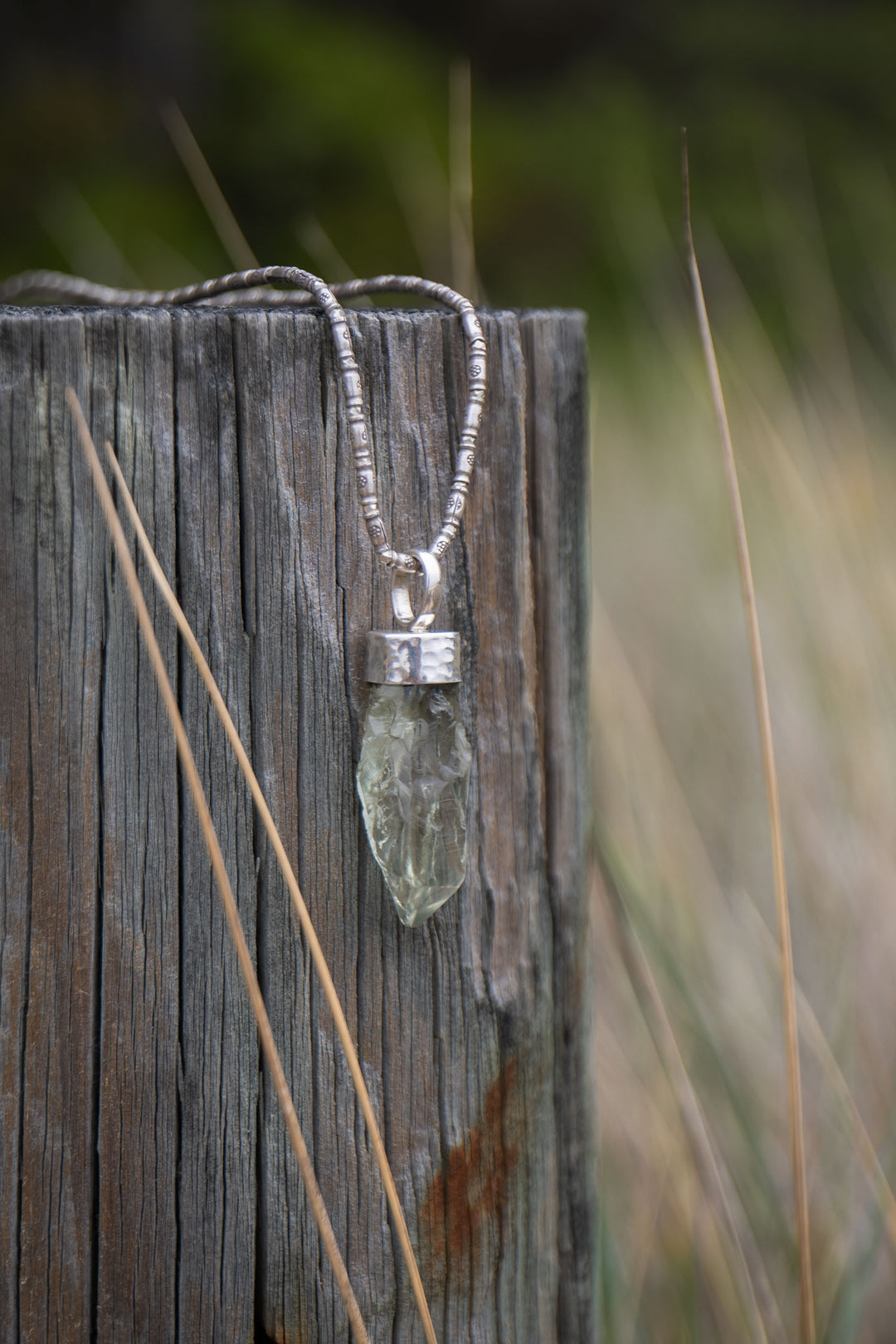 Raw Green Amethyst or Prasiolite Pendant in Beaten Sterling Silver