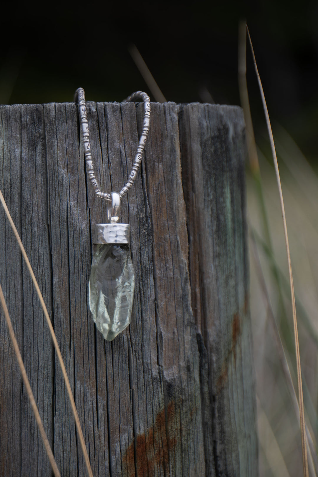 Raw Green Amethyst or Prasiolite Pendant in Beaten Sterling Silver