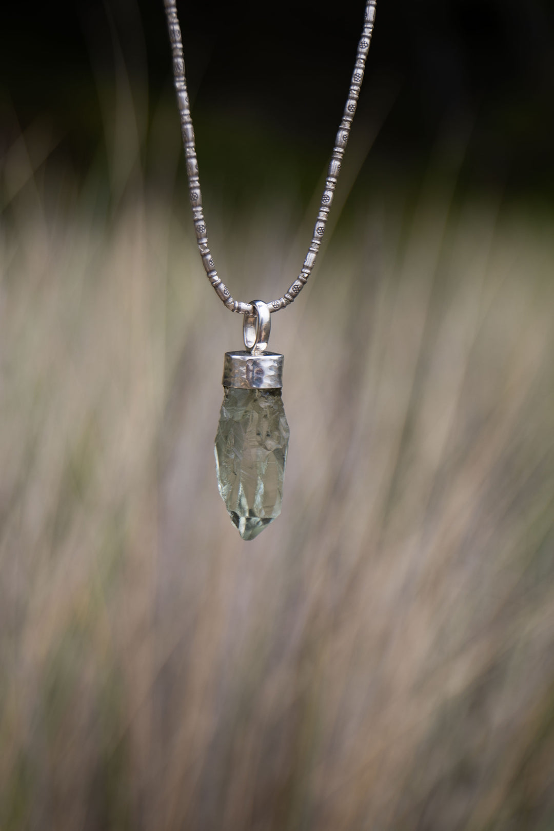 Raw Green Amethyst or Prasiolite Pendant in Beaten Sterling Silver