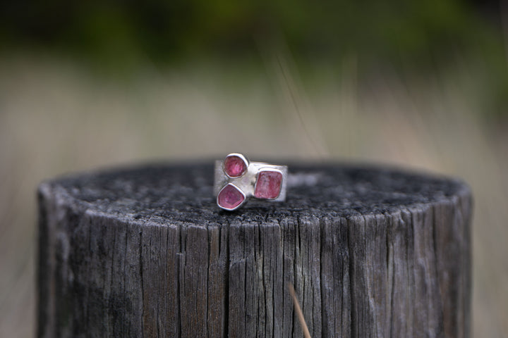 Multi Raw Pink Tourmaline Ring set in Sterling Silver- Size 6.5 US