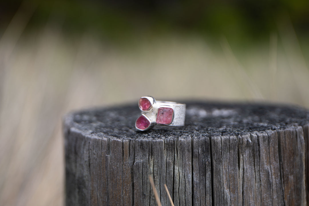 Multi Raw Pink Tourmaline Ring set in Sterling Silver- Size 6.5 US