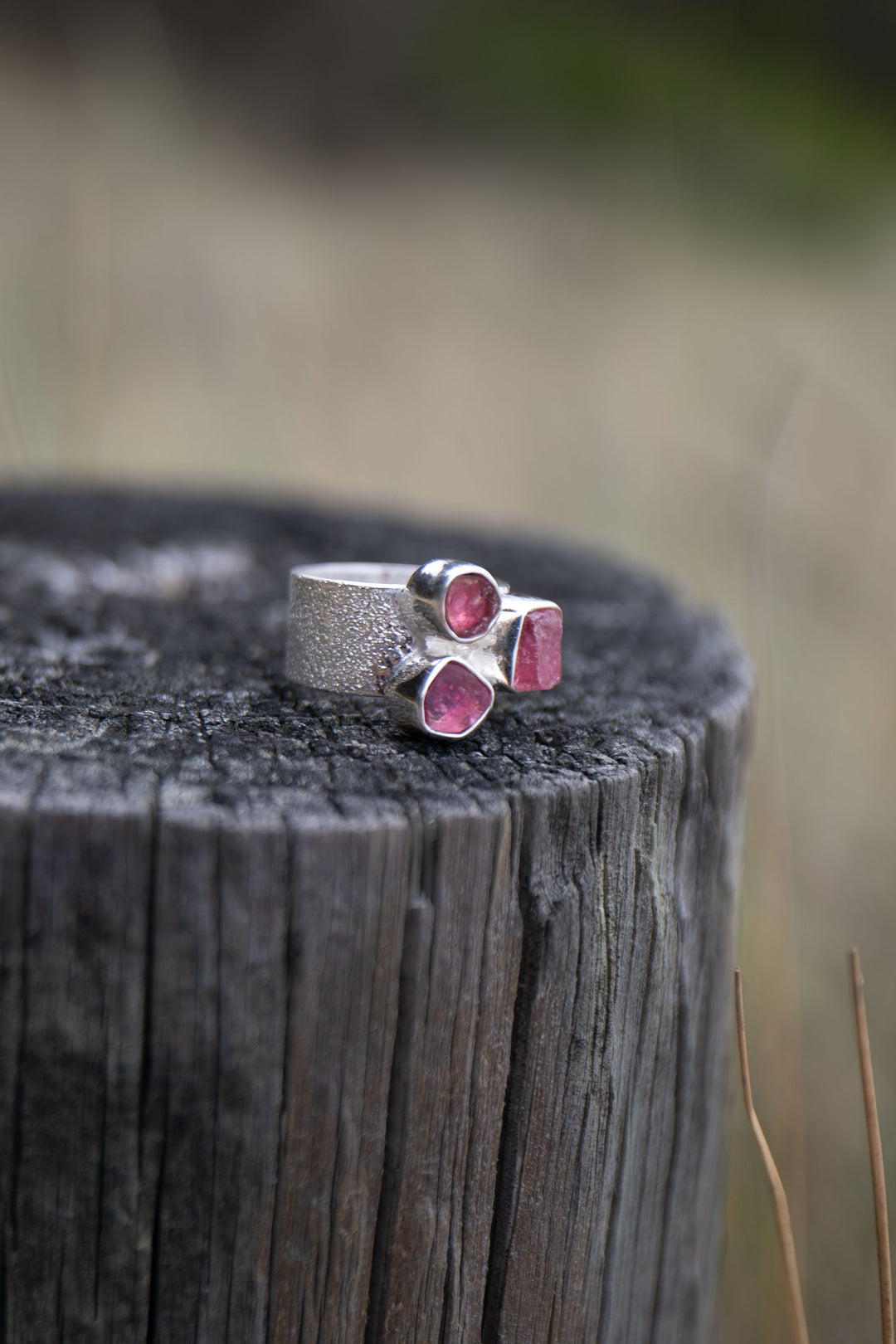 Multi Raw Pink Tourmaline Ring set in Sterling Silver- Size 6.5 US