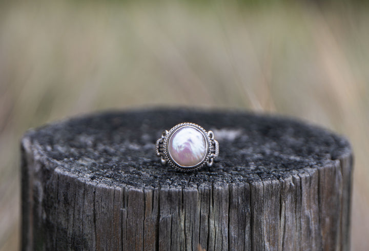 Freshwater Pearl Ring in Decorative Sterling Silver - Size 7.5 US