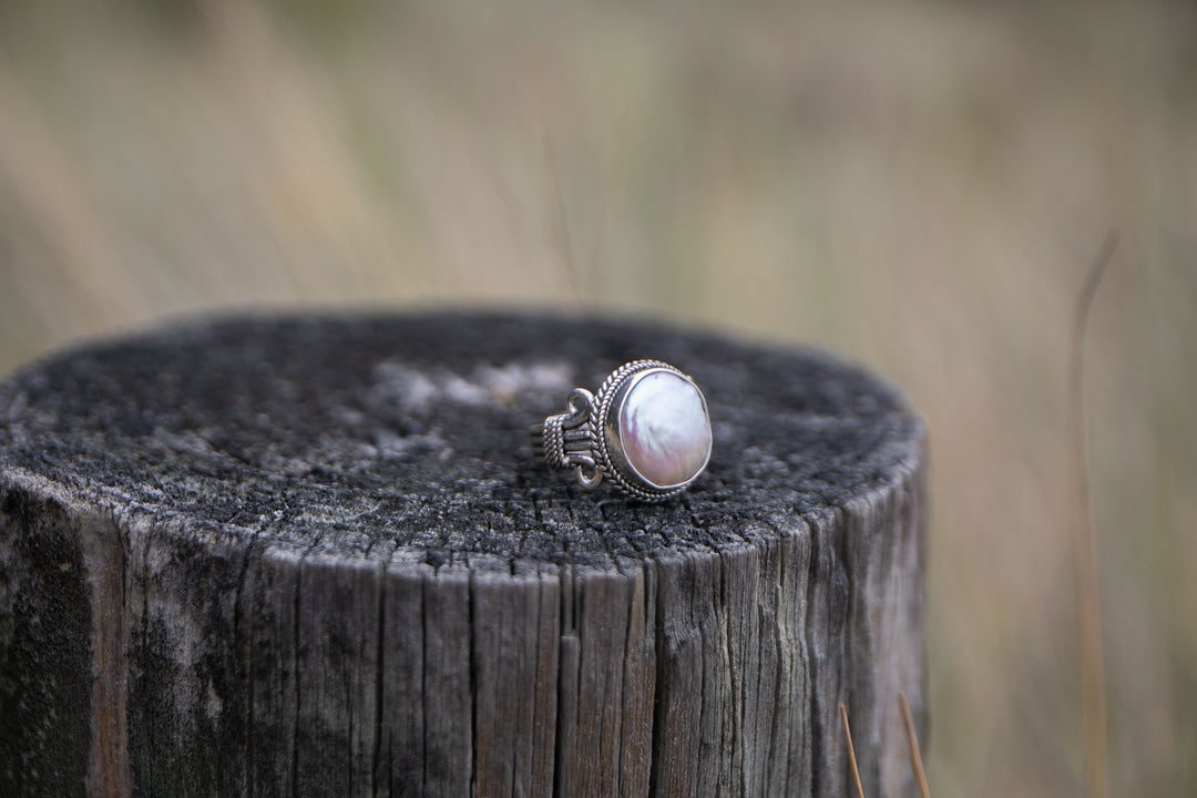 Freshwater Pearl Ring in Decorative Sterling Silver - Size 7.5 US