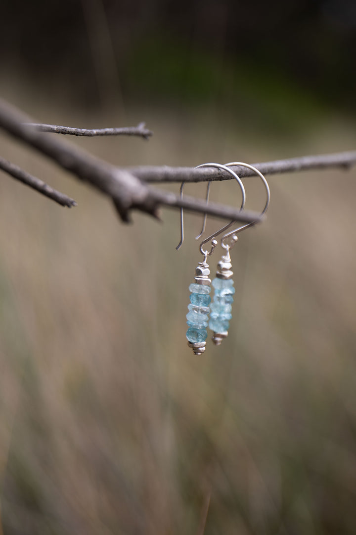 A Grade Stack Aquamarine Earrings with Thai Hill Tribe Silver Beads