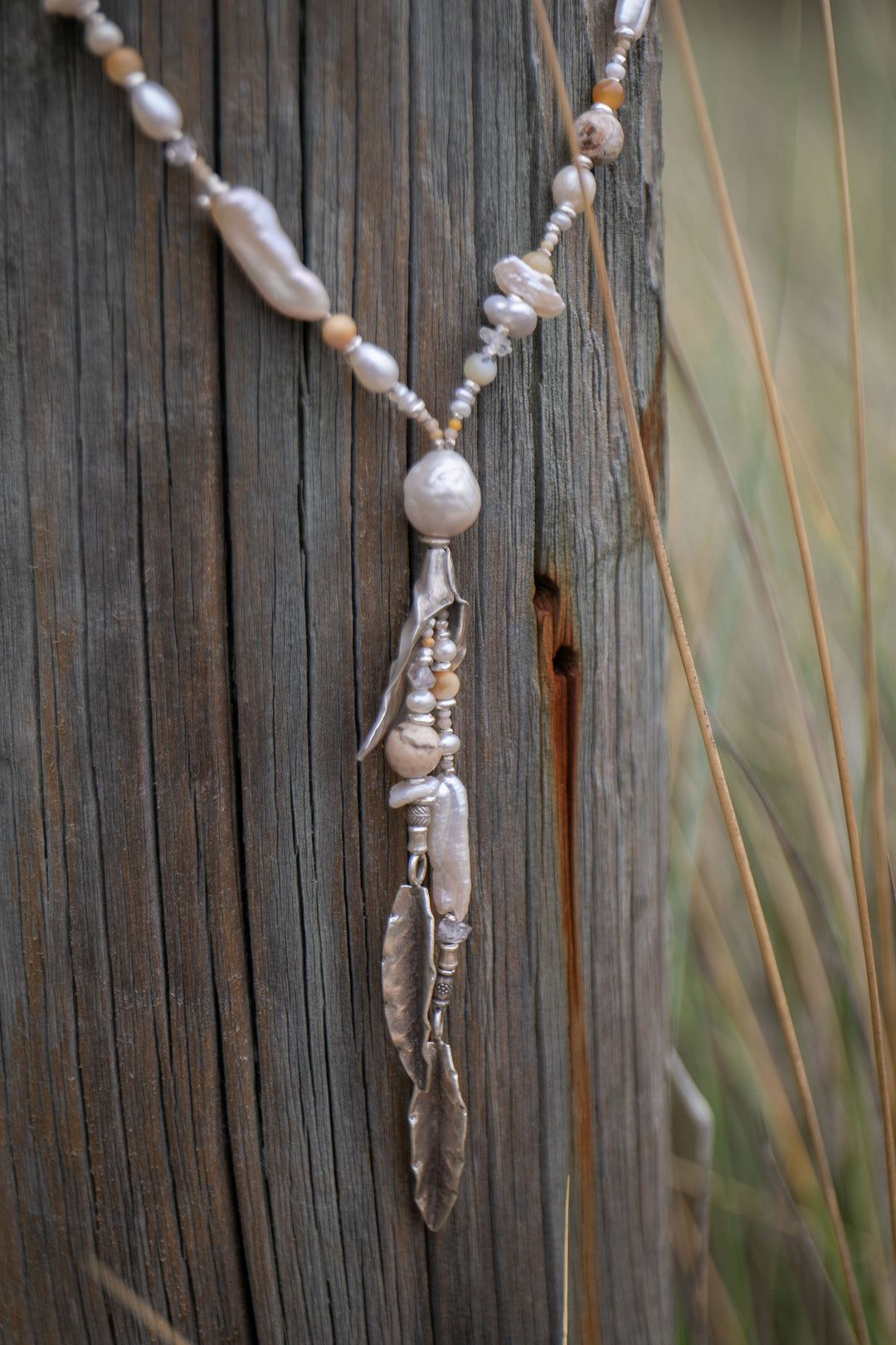 Beaded Dendritic Agate, Freshwater Pearl and Herkimer Diamond Necklace with Thai Hill Tribe Silver