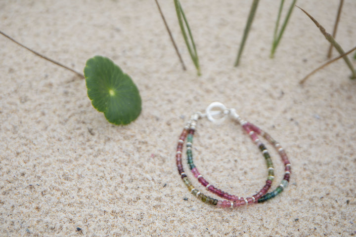 Double Watermelon Tourmaline Bracelet with Thai Hill Tribe Silver