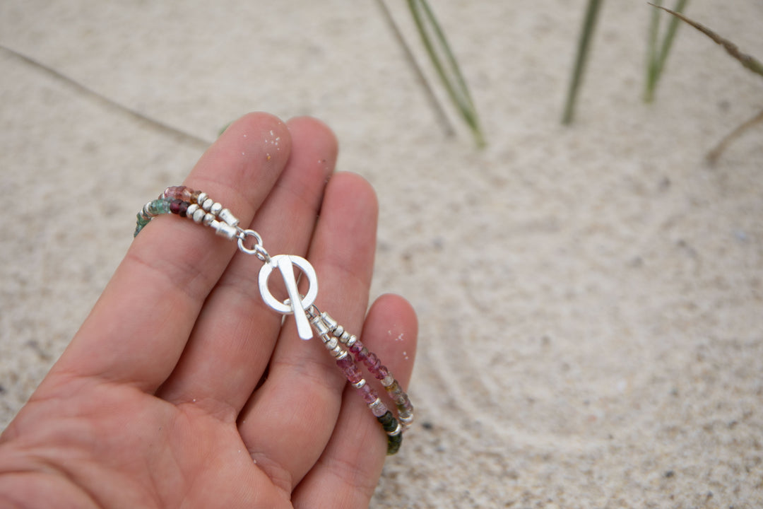 Double Watermelon Tourmaline Bracelet with Thai Hill Tribe Silver