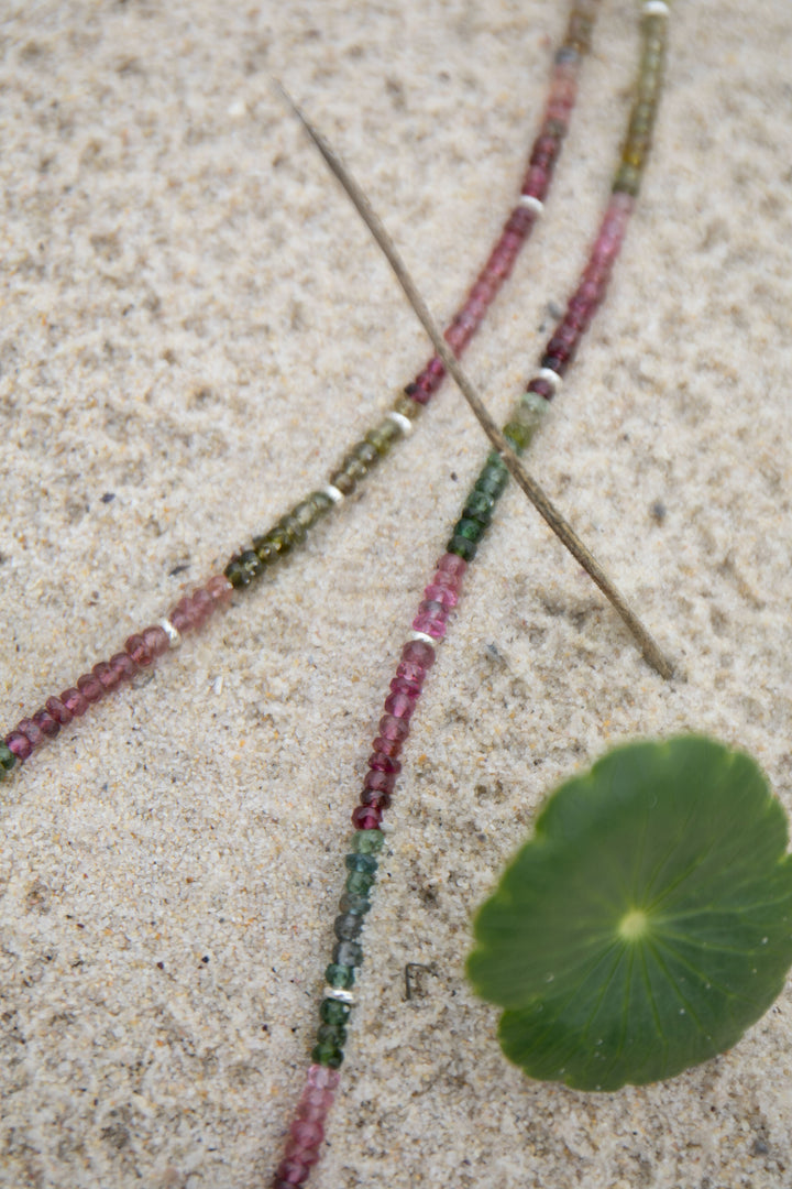 High Quality Graduated Watermelon Tourmaline + Thai Hill Tribe Silver Beaded Necklace