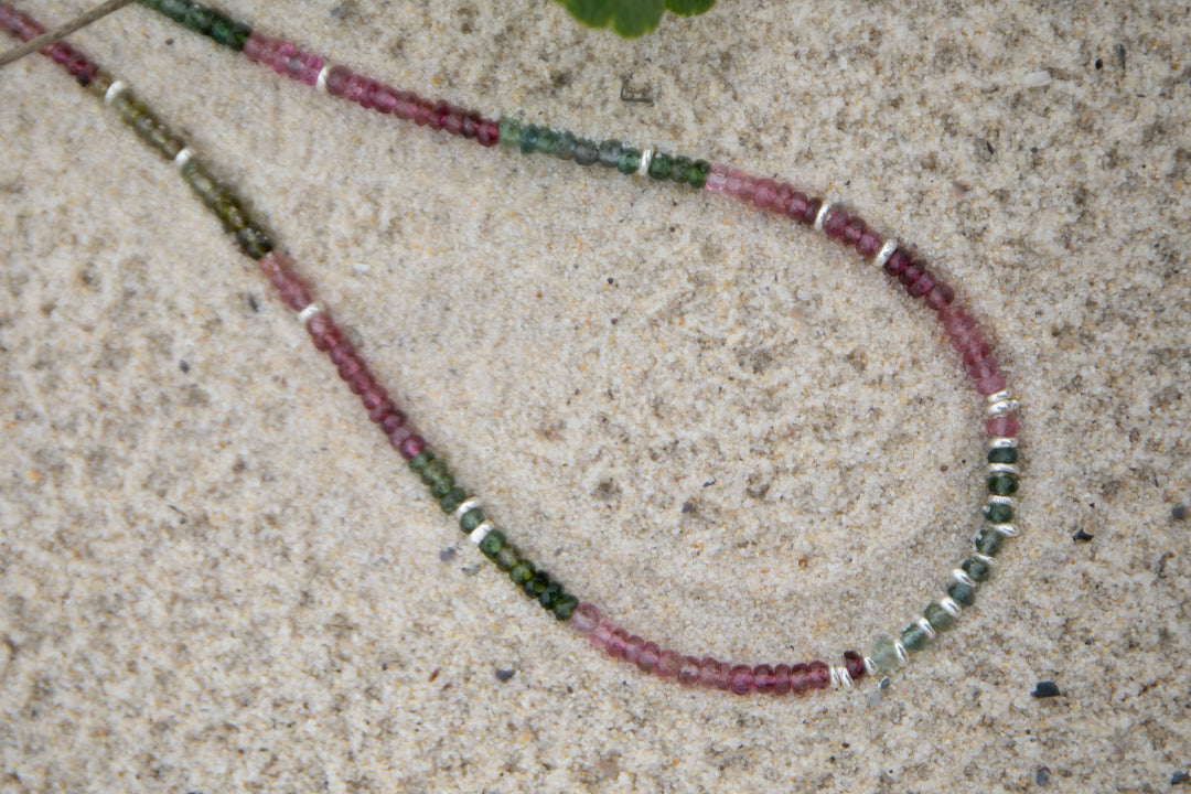 High Quality Graduated Watermelon Tourmaline + Thai Hill Tribe Silver Beaded Necklace