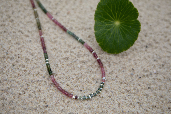 High Quality Graduated Watermelon Tourmaline + Thai Hill Tribe Silver Beaded Necklace