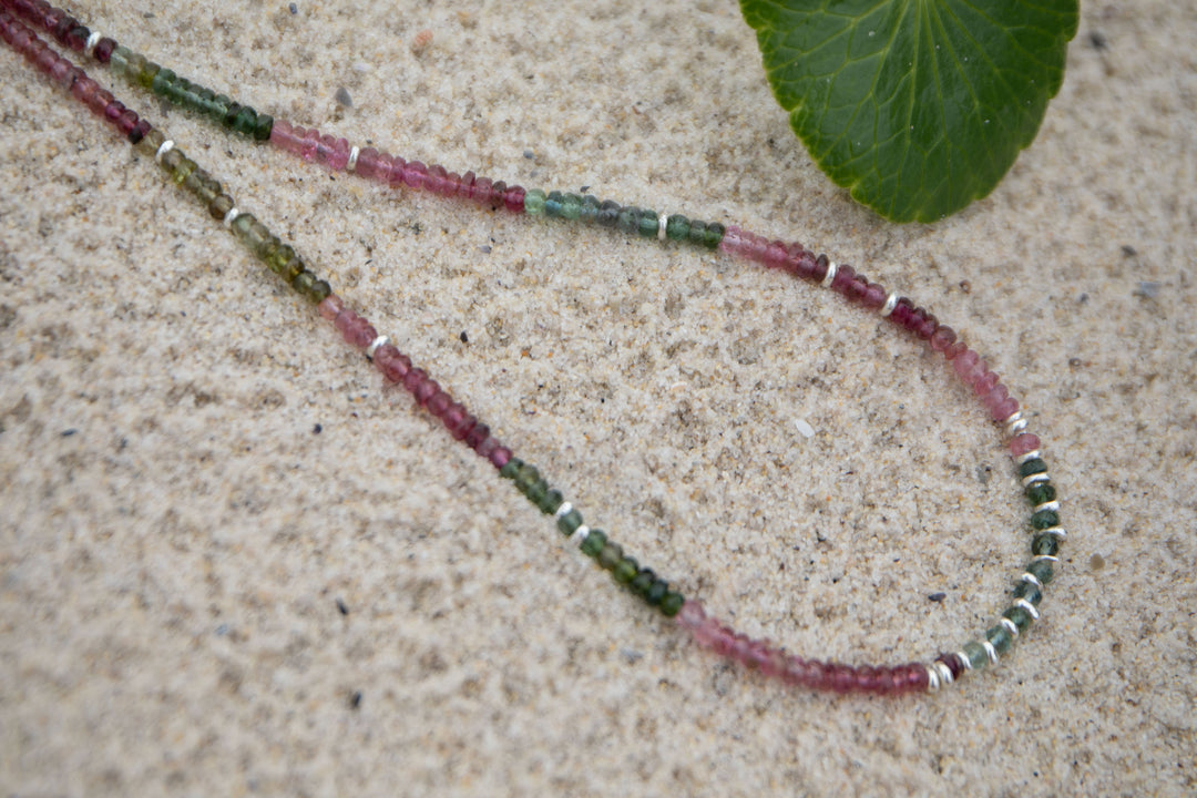 High Quality Graduated Watermelon Tourmaline + Thai Hill Tribe Silver Beaded Necklace