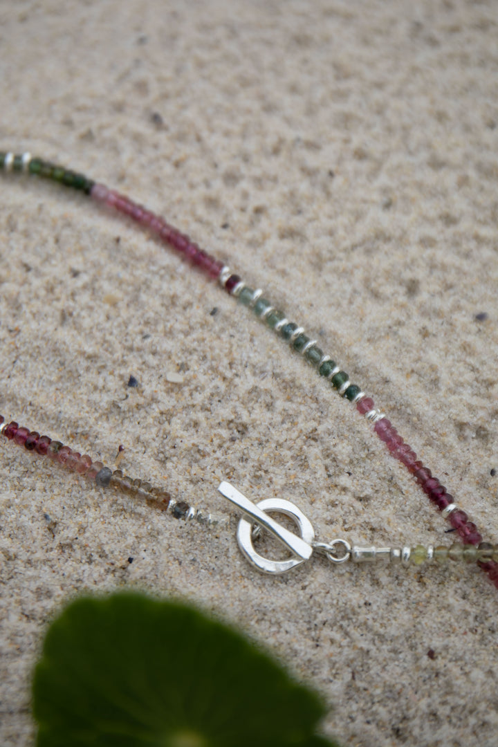 High Quality Graduated Watermelon Tourmaline + Thai Hill Tribe Silver Beaded Necklace