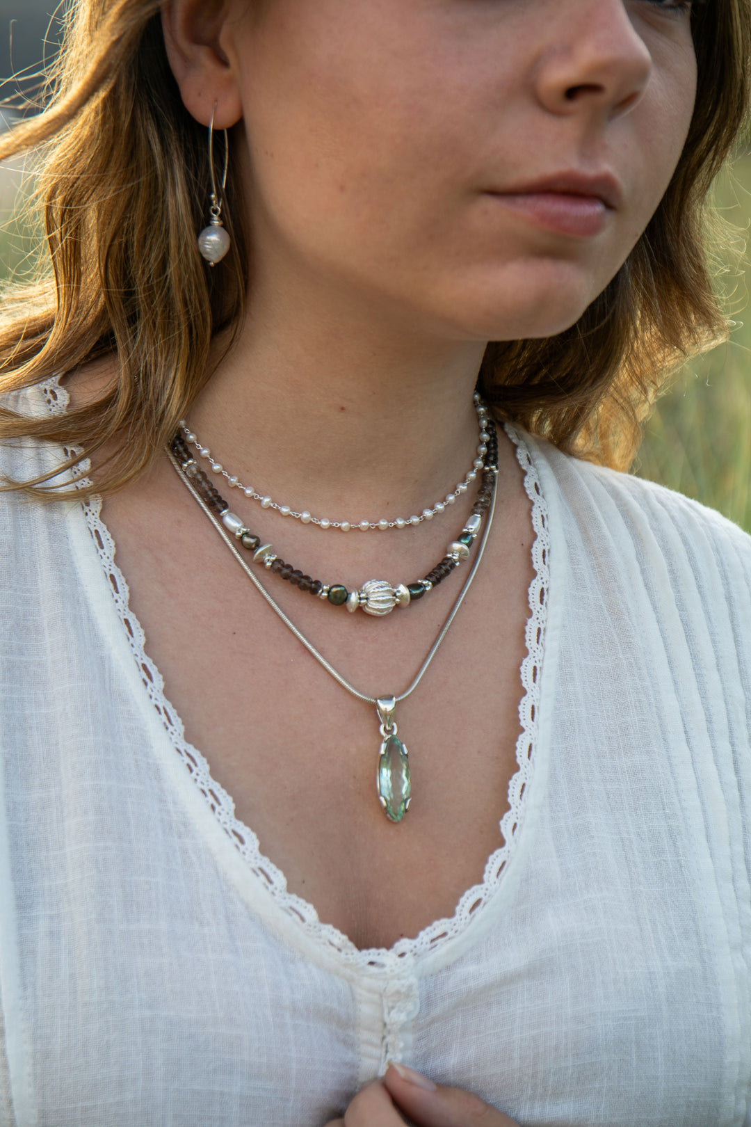 Smokey Quartz, Pearl and Thai Hill Tribe Silver Necklace