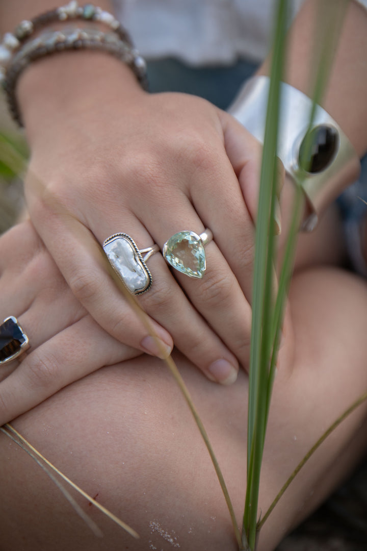 Faceted Green Amethyst Ring in Sterling Silver Setting - Size 9 US