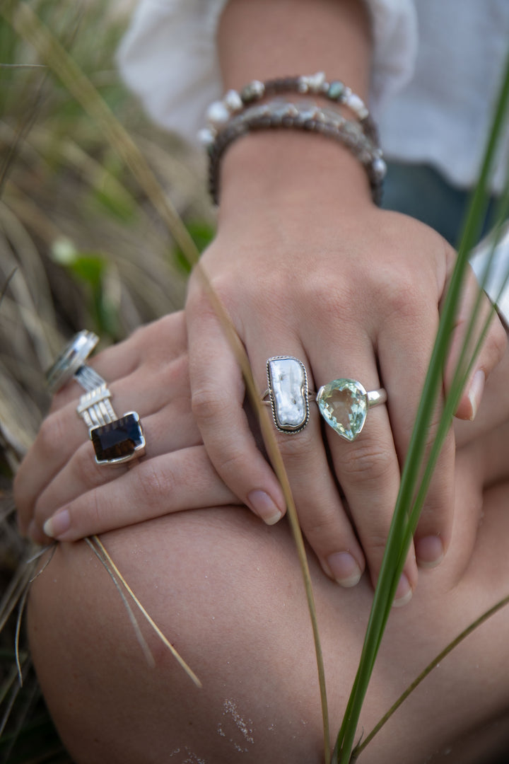 Faceted Green Amethyst Ring in Sterling Silver Setting - Size 9 US