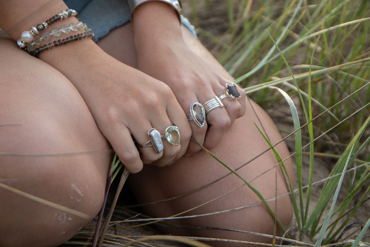 Faceted Green Amethyst Ring in Sterling Silver Setting - Size 9 US