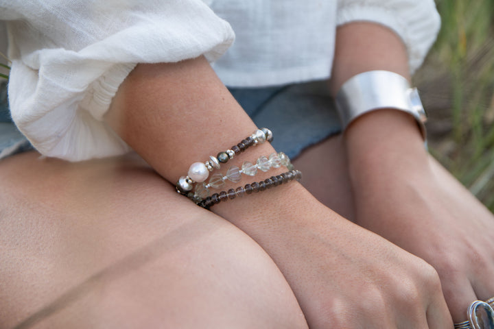 Smokey Quartz, Pearl and Thai Hill Tribe Silver Bracelet