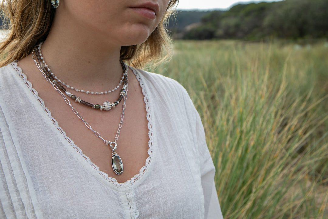 Smokey Quartz, Pearl and Thai Hill Tribe Silver Necklace