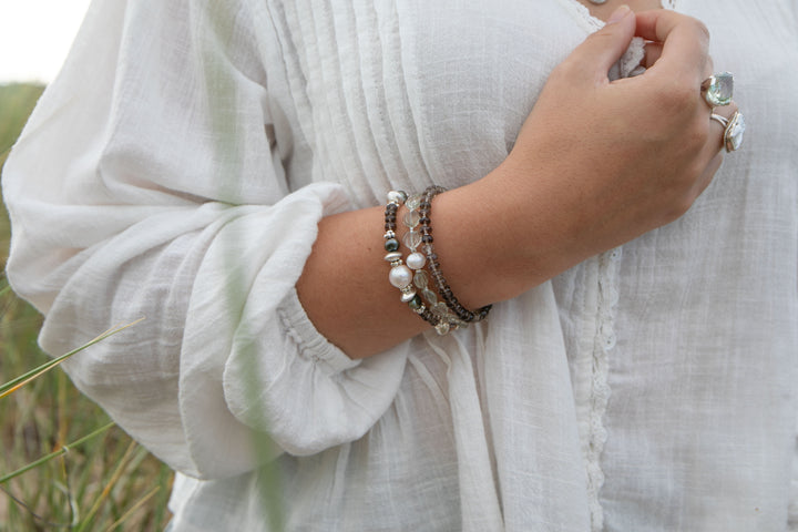 Smokey Quartz, Pearl and Thai Hill Tribe Silver Bracelet