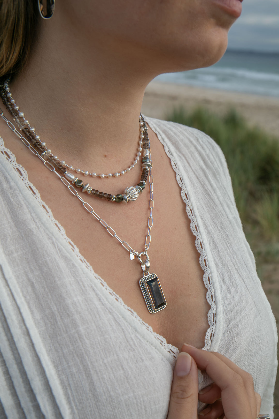 Smokey Quartz, Pearl and Thai Hill Tribe Silver Necklace