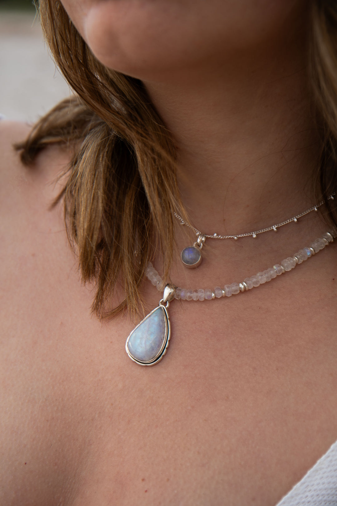 Rainbow Moonstone Pendant on Beaded Moonstone and Thai Hill Tribe Silver Chain