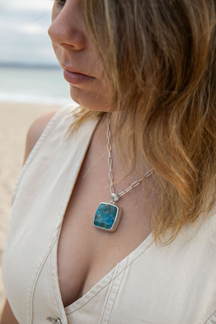 Statement Square Shattuckite Pendant in Sterling Silver Setting