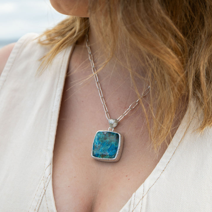 Statement Square Shattuckite Pendant in Sterling Silver Setting