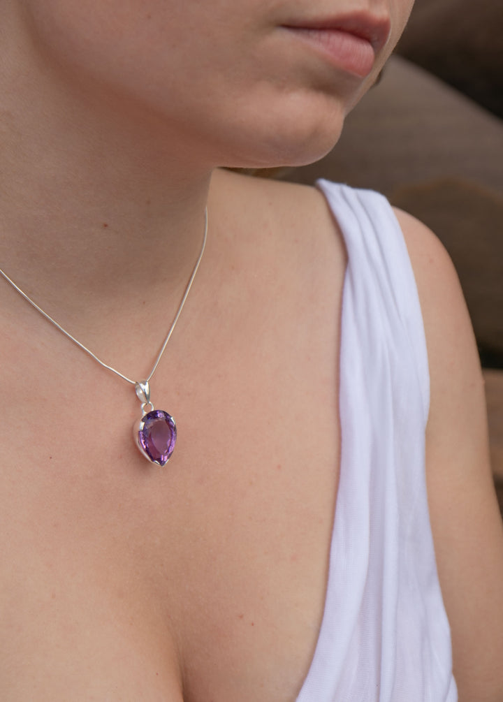 Faceted Amethyst Teardrop Pendant in Sterling Silver Setting