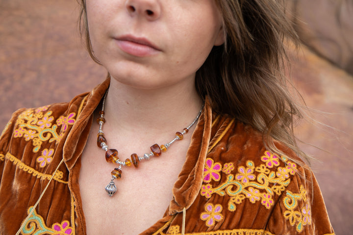 Handmade Amber Necklace with Thai Hill Tribe Silver