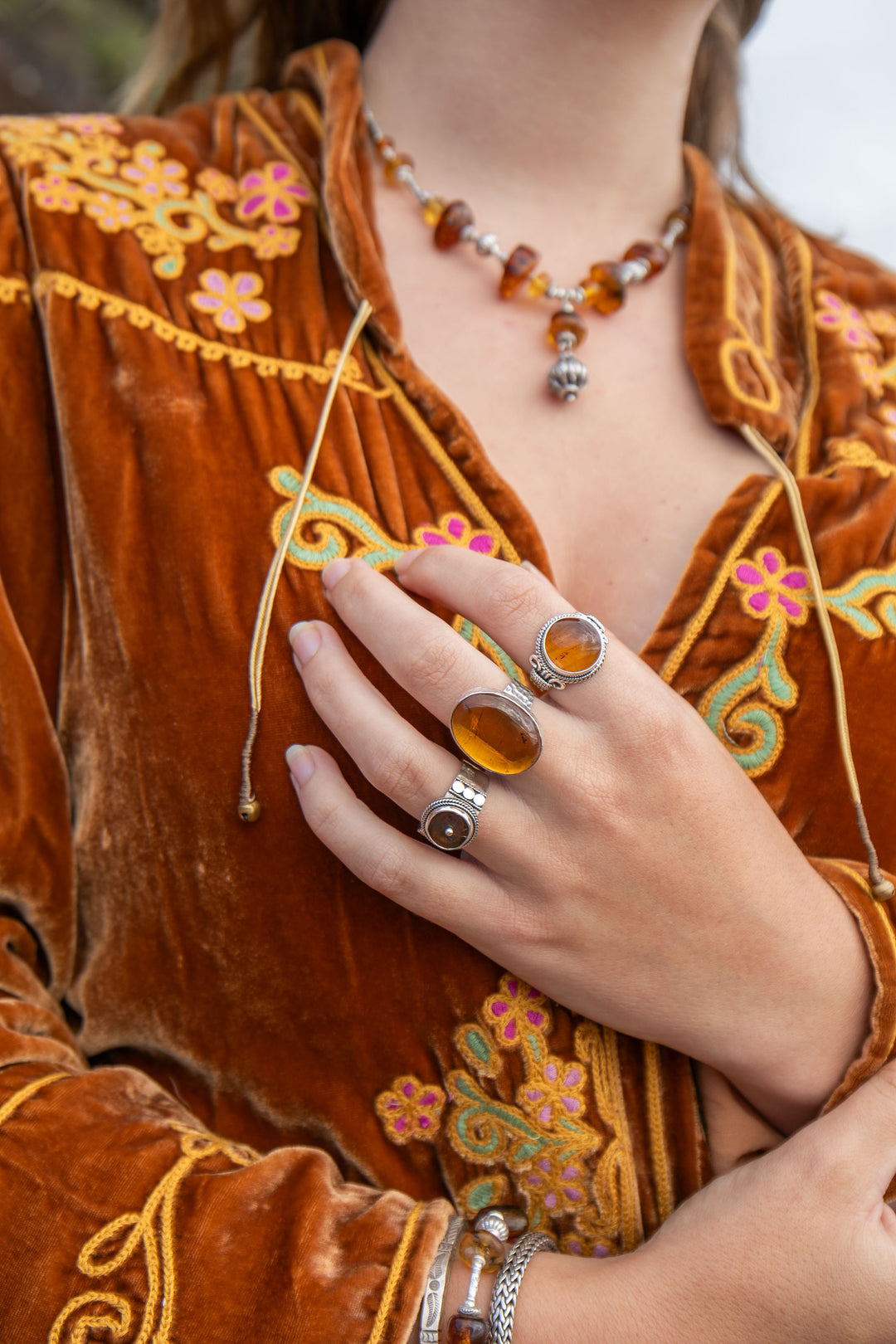 Amber Ring set in Decorative Sterling Silver - Size 8 US