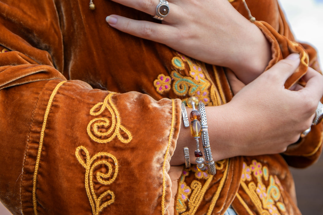 Beaded Amber and Thai Hill Tribe Silver Bracelet