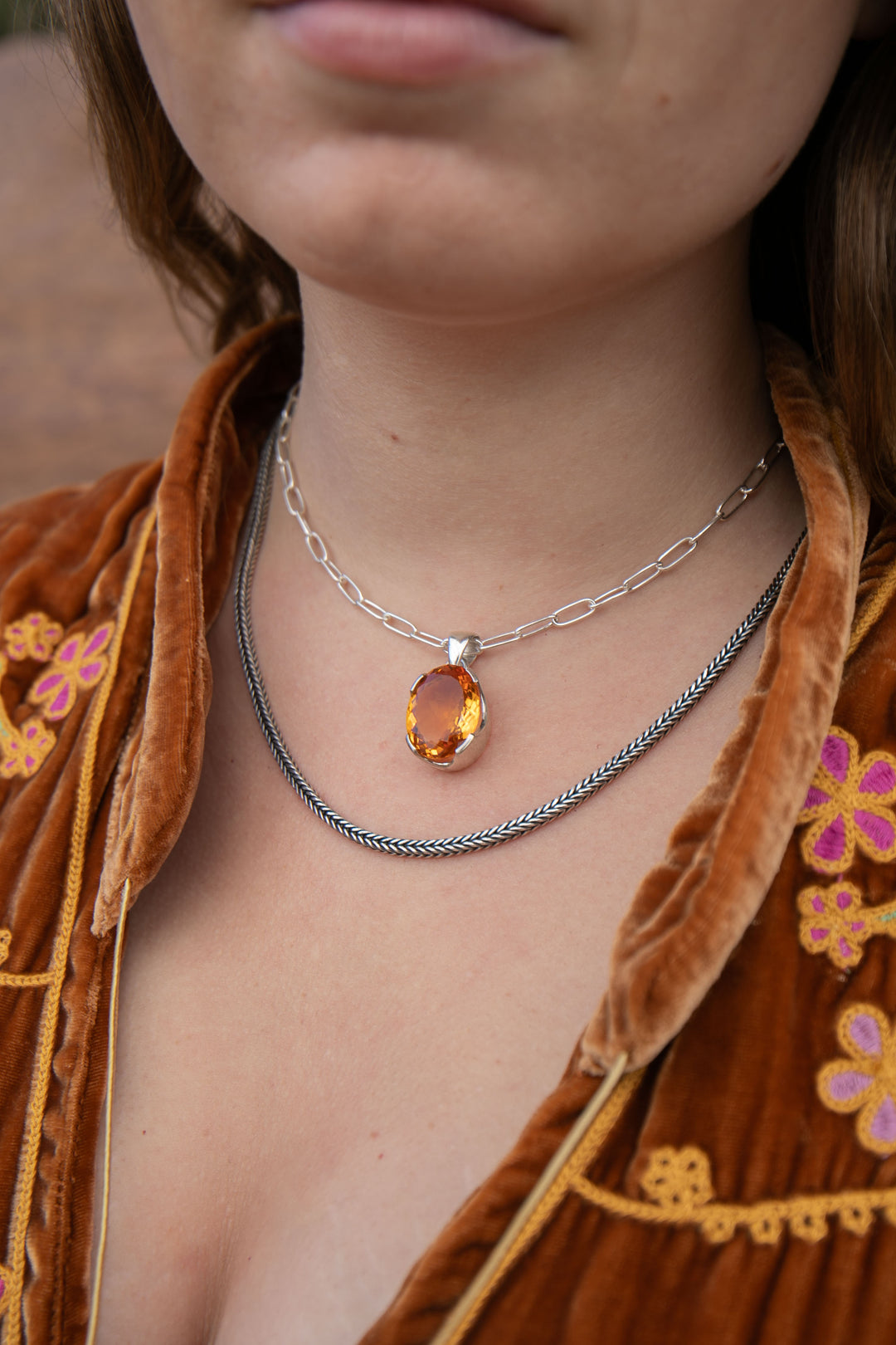 Oval Faceted Natural Citrine Pendant in Unique Sterling Silver Setting