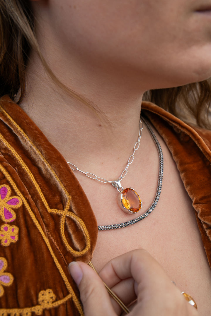 Oval Faceted Natural Citrine Pendant in Unique Sterling Silver Setting