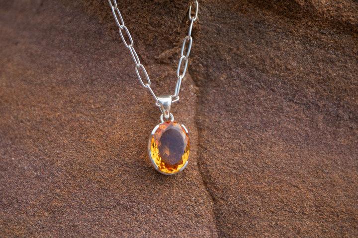 Oval Faceted Natural Citrine Pendant in Unique Sterling Silver Setting