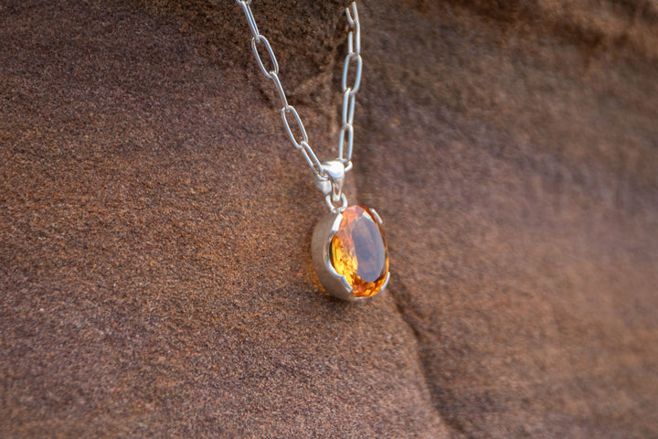 Oval Faceted Natural Citrine Pendant in Unique Sterling Silver Setting