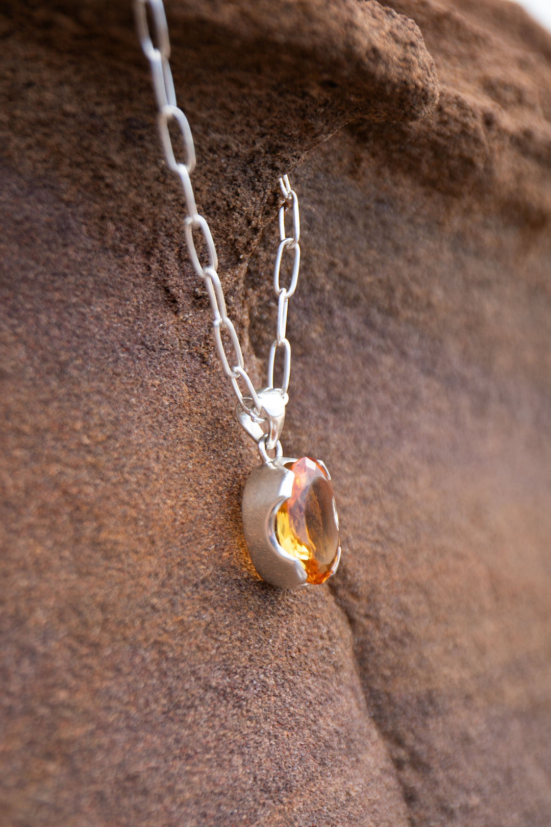 Oval Faceted Natural Citrine Pendant in Unique Sterling Silver Setting