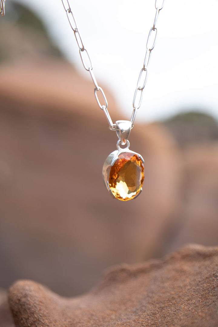 Oval Faceted Natural Citrine Pendant in Unique Sterling Silver Setting