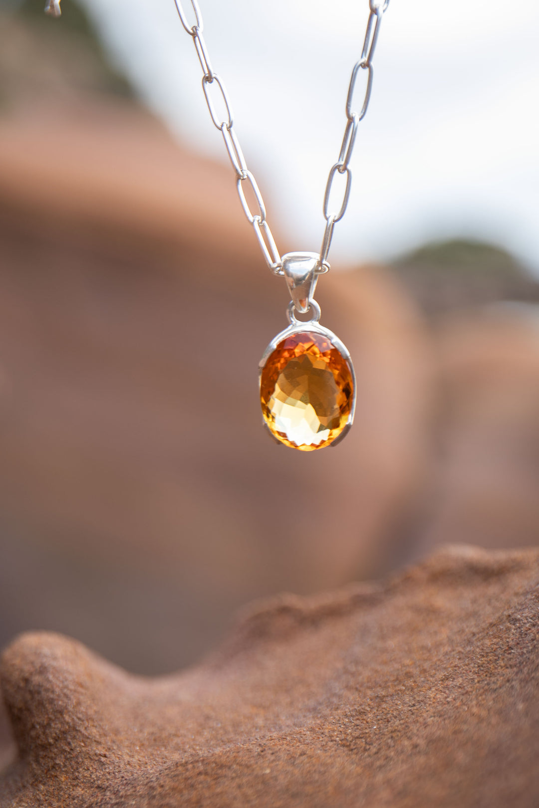 Oval Faceted Natural Citrine Pendant in Unique Sterling Silver Setting