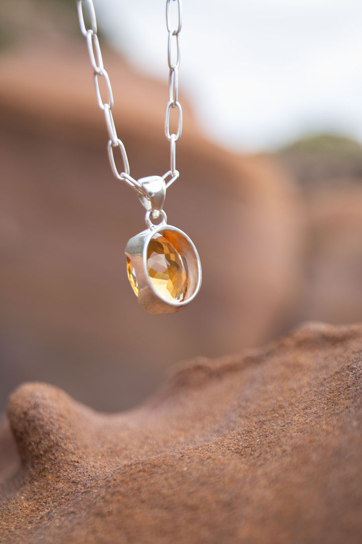 Oval Faceted Natural Citrine Pendant in Unique Sterling Silver Setting