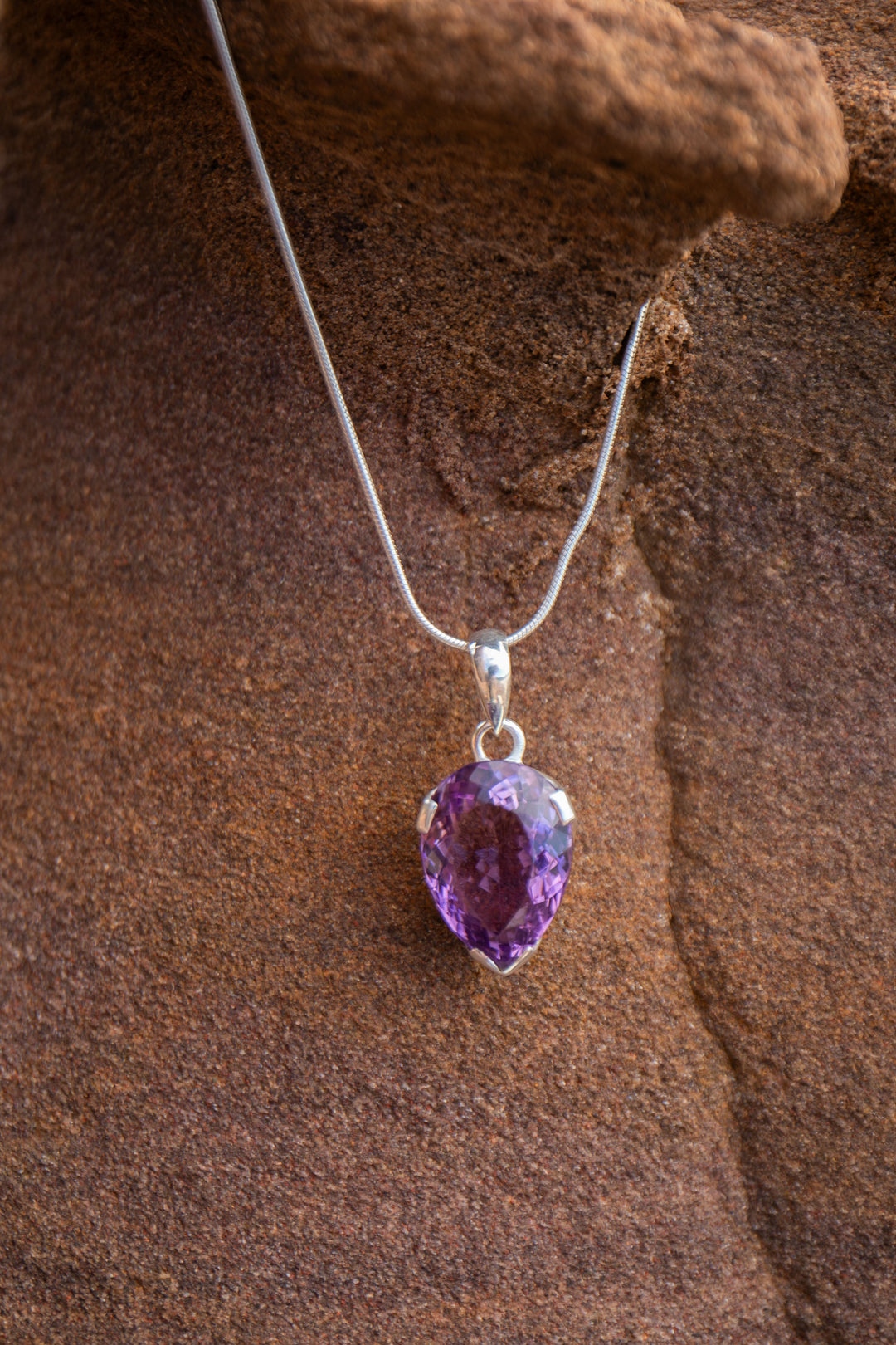 Faceted Amethyst Teardrop Pendant in Sterling Silver Setting